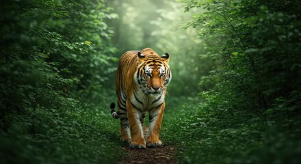 A majestic bengal tiger walking through the dense forest, a captivating portrait of wildlife in nature