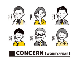 顔に手を当てて悩む、年配の男性と女性の上半身ビジネスアイコンセット＿ベクター