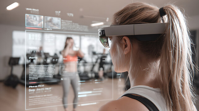 Person using augmented reality glasses in a gym setting
