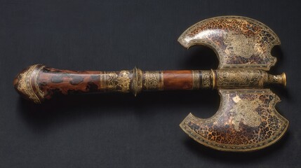 Ornate, decorative double-headed axe with a wooden handle, inlaid with gold