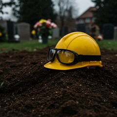 A yellow helmet on damp earth in a graveyard&mdash;symbolizing sacrifice, remembrance, and human impact. 