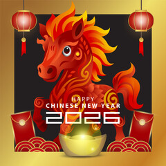 Happy Chinese New Year 2026 greetings with gold frame and red horse