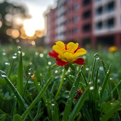 Morning dew glistens on a flower and web, capturing a quiet moment between nature and city life.