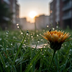 Dewy flower with a spider web and insect glows in morning light&mdash;nature&rsquo;s detail meets urban warmth