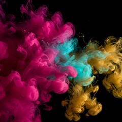Swirling magenta, cyan, and yellow ink dance in water, forming vibrant clouds against a deep black backdrop.