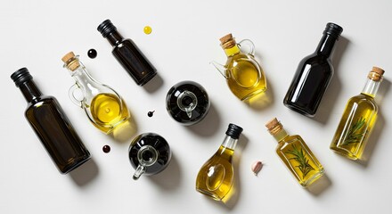 Assortment of Olive Oil and Balsamic Vinegar Bottles on a White Table Top View