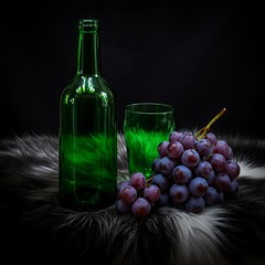 Green glass and grapes glow on fur in moody light, evoking introspection, elegance, and a quiet state of mind
