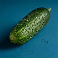 A fresh cucumber with water droplets rests on a blue surface, symbolizing organic produce and clean food systems