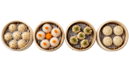 Assorted Steamed Dumplings in Bamboo Baskets A Variety of Asian Delights Featuring Different Fillings and Shapes Served in Traditional Steamers