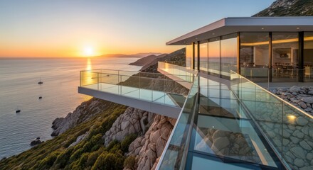 Fototapeta premium Modern Cliffside Home with Glass Walkway and Sunset Over Ocean View