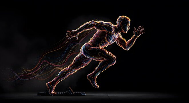 A sprinter's power visualized as colorful flowing energy