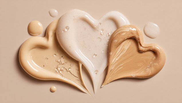 Heart-shaped foundation samples on a light beige background