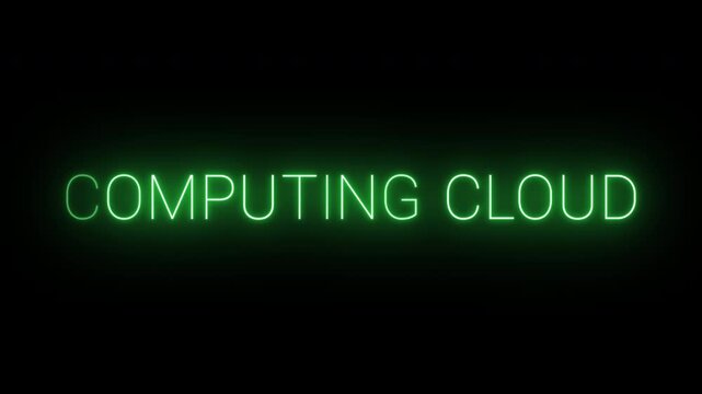 Flickering neon green computing cloud sign animated on black background.
