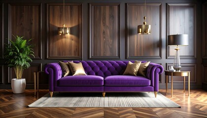 Fototapeta premium Luxurious purple velvet couch in a dark wood paneled room
