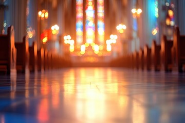 Fototapeta premium Out of focus church interior with stained glass and candle light bokeh. Use this abstract image for spiritual or religious projects.