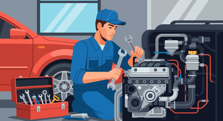 Fototapeta premium Mechanic in Blue Overalls Working on Car Engine with Tools