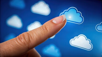 Serverless security cloud concept with finger touch, digital cloud icon, blue background, modern network, data safety, seamless control