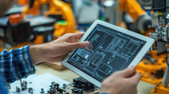 A robotics engineer testing a circuit diagram on a tablet while assembling hardware components nearby