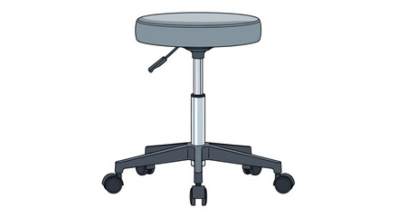 Grey adjustable rolling stool with a round padded seat, pneumatic lift, and five wheels.