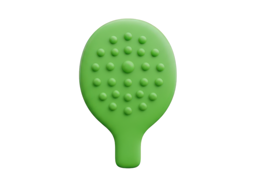 A Playful 3D Render of a Green Paddleball Paddle, Featuring a Textured Surface with Raised Bumps, Set Against a Transparent Background for Versatile Design Applications