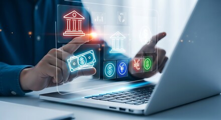 Person interacting with a digital financial interface on a laptop screen finance digital banking