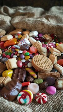 Variety of candies and cookies in woven sack