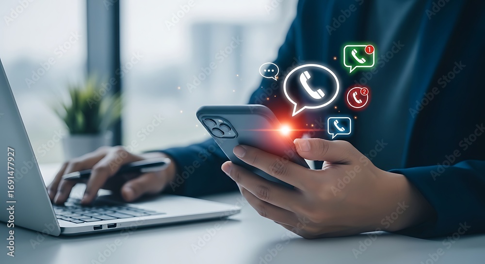 Wall mural person using smartphone with incoming call and message notifications on holographic display