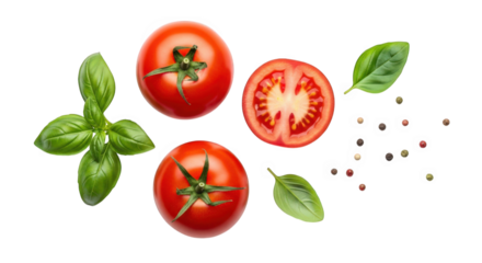 A Vibrant Arrangement of Fresh Tomatoes, Basil Leaves, and Colorful Peppercorns on a Transparent Surface, Ideal for Culinary and Food-Related Designs