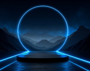 Blue glowing circular frame with mountainous background and platform