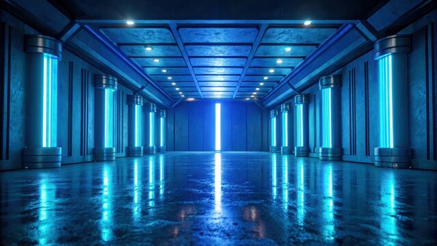 Futuristic corridor neon blue light sci fi tunnel serverless security in cloud metal wall glossy floor symmetry cyberpunk vibe