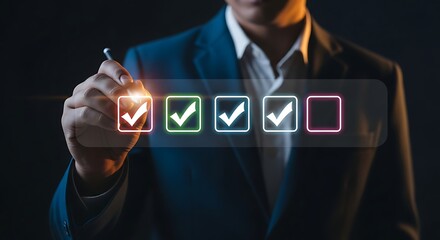 Businessman checking off items on a digital checklist with a pen checkmark done