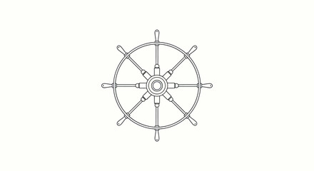 Detailed Black Outline of a Ship's Steering Wheel, Isolated