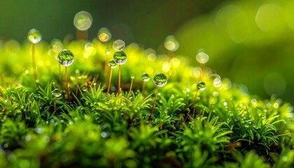 Fototapeta premium Macro-photo of vibrant green moss covered in delicate water droplets, reflecting light and creating a fresh, natural texture
