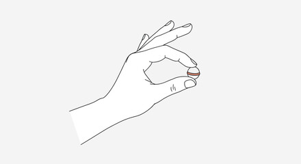 Outline hand holding small white pill with reddish-brown band between fingers