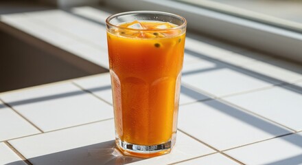 Refreshing vibrant passion fruit juice with ice and seeds condensation on glass, perfect for summer refreshment and healthy lifestyle content, bright natural light.