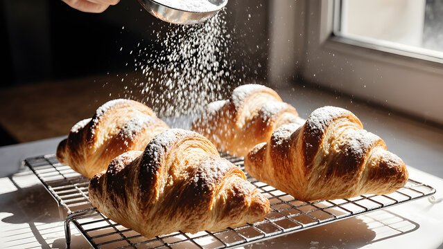 Dusting Powdered Sugar on Freshly Baked Golden Croissants