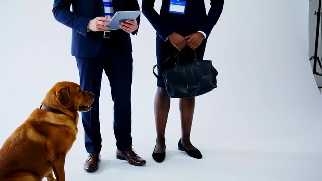 Diverse business professionals with attentive labrador in the studio setup