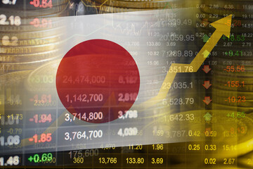 Japan flag with stock market finance, economy trend graph digital technology.