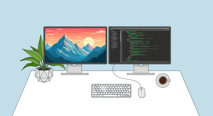 Minimalist flat design workspace with dual monitors, plant, keyboard, mouse, and coffee.