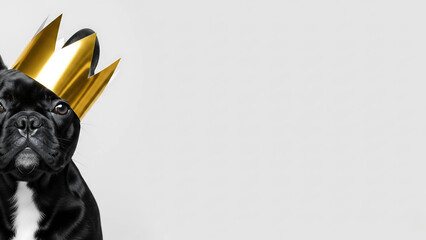 Black pug in golden paper crown on white — funny birthday dog royalty