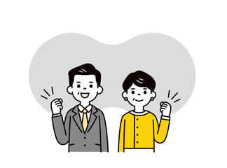 ガッツポーズをして応援する、40代・50代のビジネスマン・ビジネスウーマンのベクターイラスト素材