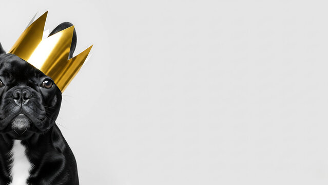Black pug in golden paper crown on white — funny birthday dog royalty