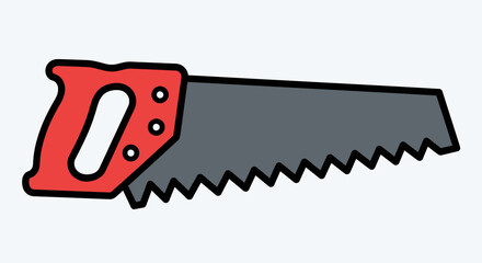 A simple cartoon illustration of a hand saw with a bright red handle and a grey serrated blade, outlined in black.
