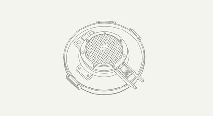 Isometric line art of a circular mechanical component, featuring a finely perforated central disc and detailed fasteners, in a technical drawing style.