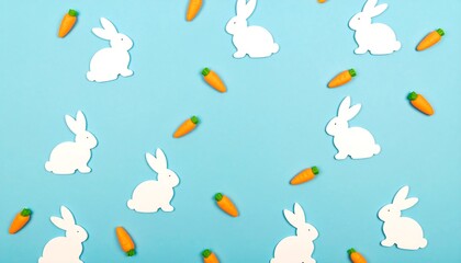 Easter bunnies and carrots on light blue