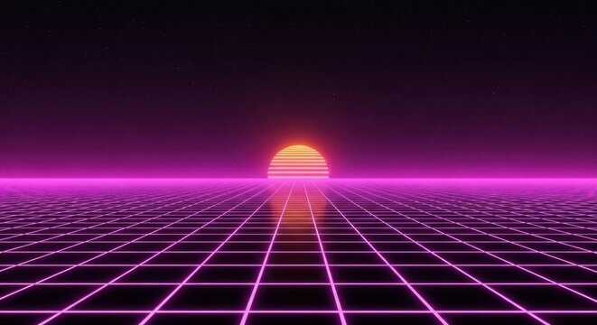 Retro futuristic landscape with grid and sun, evoking a nostalgic 80s vibe
