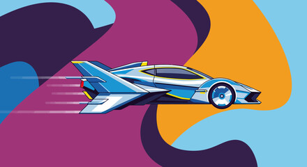 Futuristic Blue and White Flying Car with Wings in Motion