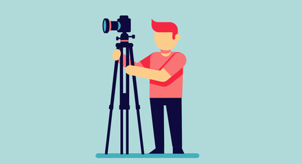 Minimalist flat design of a faceless cameraman in a pink shirt operating a professional video camera on a tripod.