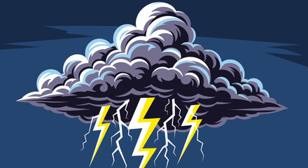 A stylized, menacing dark storm cloud with billowing white highlights and bright yellow lightning bolts striking down.
