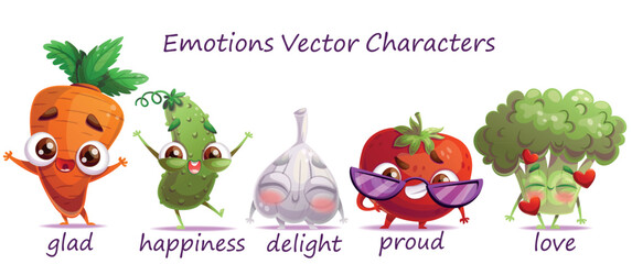 A colorful vector food character collection expressing emotions like joy, happiness, and love for all ages